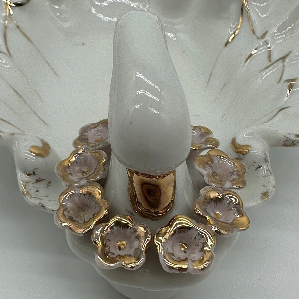 Vintage Lefton China Hand Painted Swan Trinket Dish Gold Trim Pink Flowers 954A